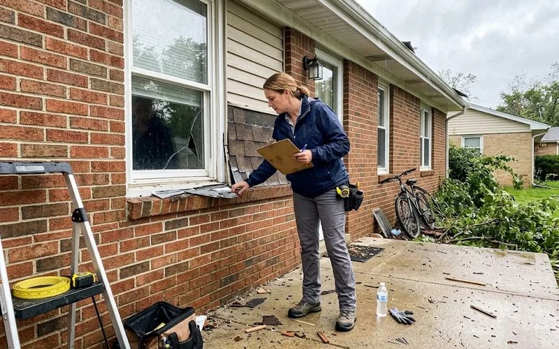 An insurance adjuster and a roofing contractor stand on a ladder examining hail damage on an asphalt shingle roof after a storm