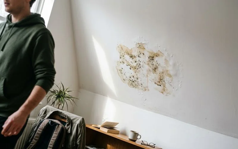 Water staining and dark mold growth spread across a ceiling section near a wall following an unaddressed roof leak