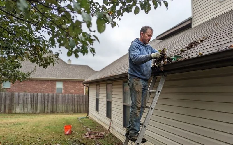 A homeowner clears leaves and debris from a gutter using a small hand trowel before storm season