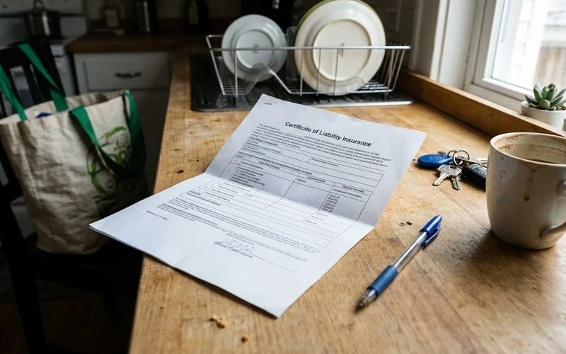 A roofing contractor's insurance certificate document sits on a table next to a hard hat and clipboard