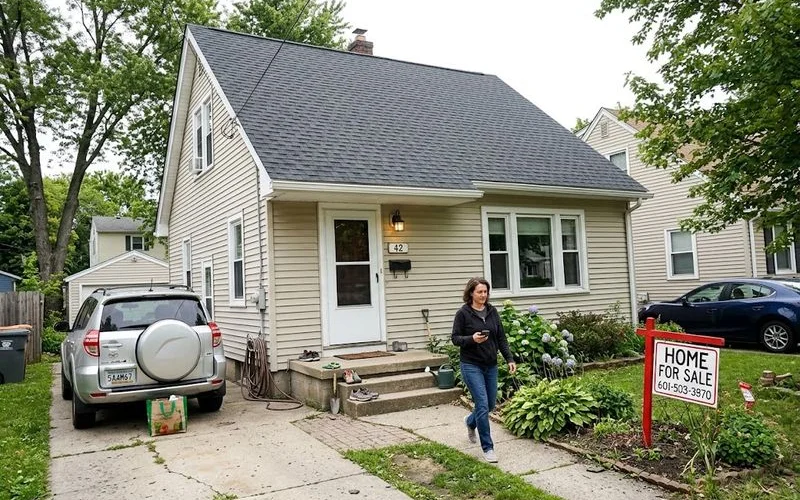 A real estate for sale sign stands in front of a home with a freshly replaced asphalt shingle roof