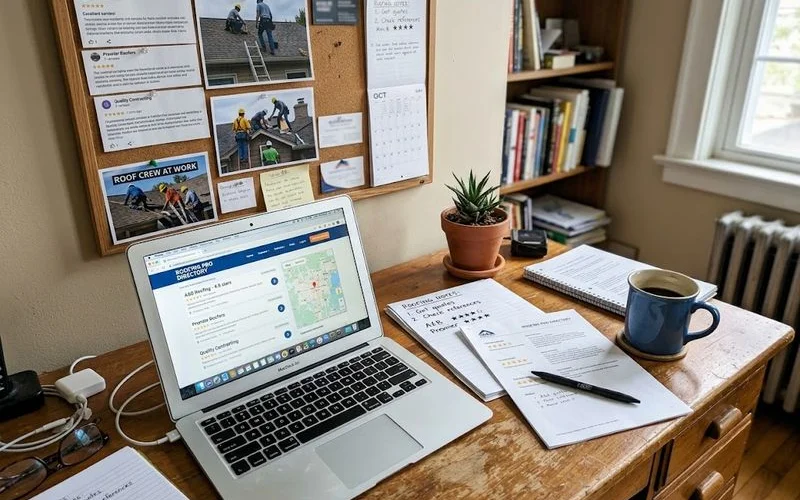 A flat-lay desk scene showing a laptop displaying a roofing contractor directory website next to a Georgia state map and a clipboard with a ranking checklist