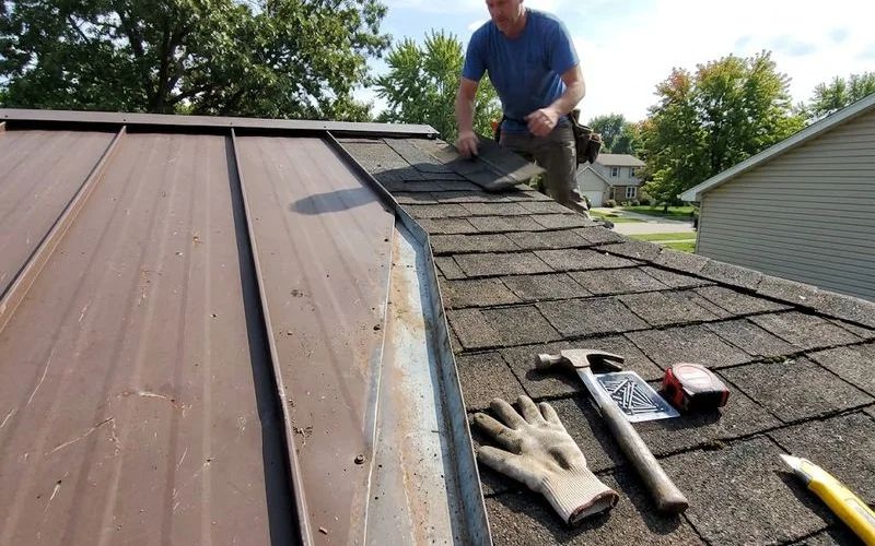 A standing seam metal roof panel catches sunlight next to a section of architectural asphalt shingles for a side by side material comparison
