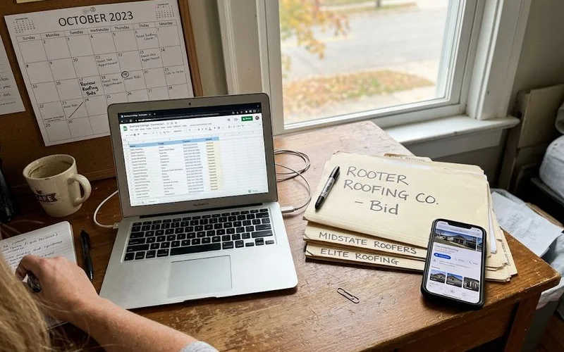 A close-up of a roofing contractor reviewing a printed monthly verification report with a red pen and a small model house on the table