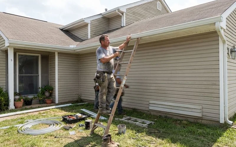 A contractor installs a new aluminum gutter section along a roofline, attaching hangers beneath the drip edge