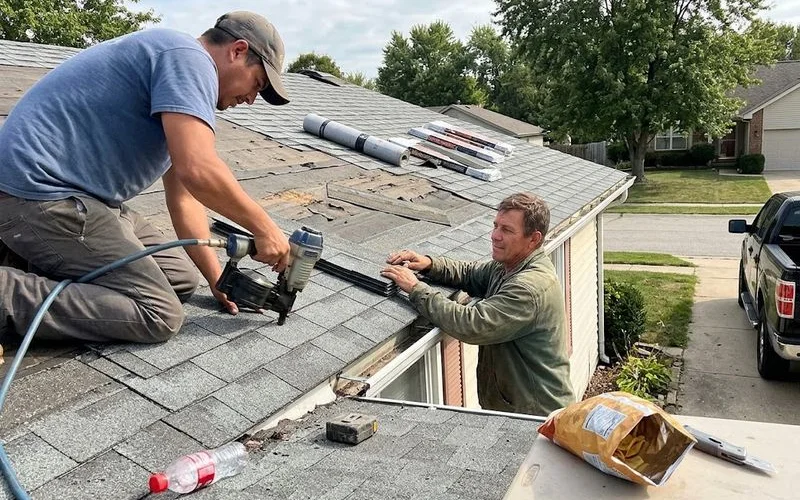 A roofing crew installs new shingles across a freshly decked roof section with tarps laid around the yard below to catch debris