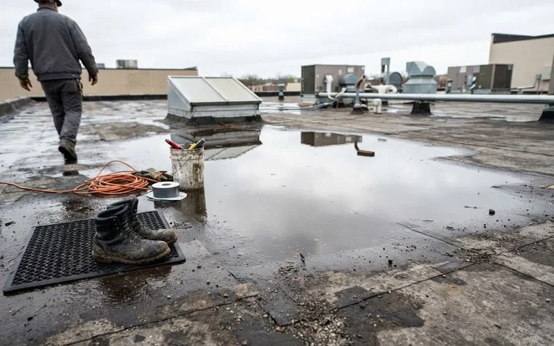 A commercial building's flat roof shows a section of ponding water near an HVAC unit and roof drain after a storm