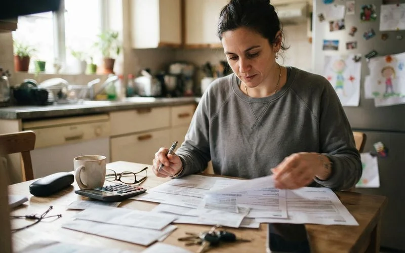 An older homeowner reviews assistance program paperwork at a kitchen table with a folder of documents nearby