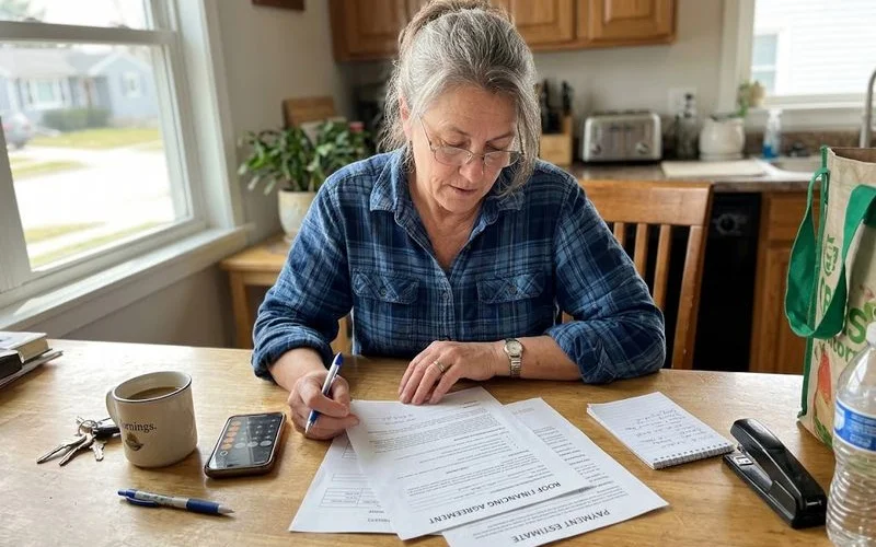 A homeowner reviews roof financing paperwork and a loan estimate at a kitchen table with a laptop open