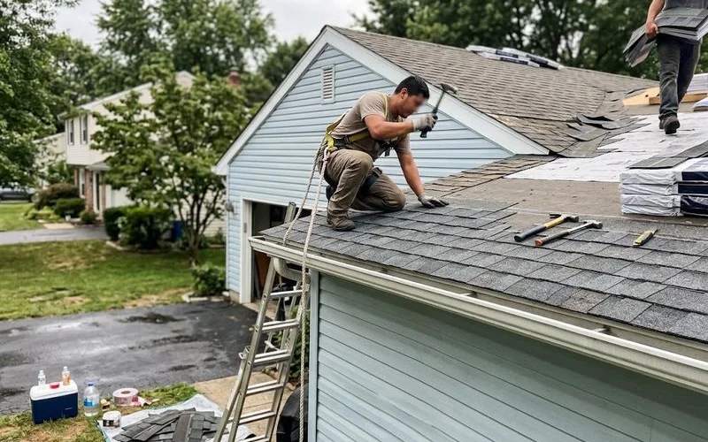 A roofer kneels on a shingle roof section replacing damaged shingles and checking the underlayment during a repair