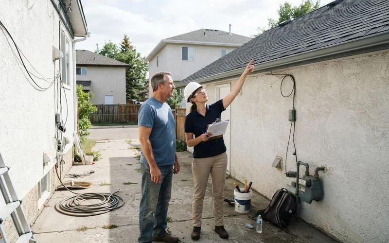 A building inspector reviews roofing permit paperwork on a clipboard while standing near a home with new shingles being installed