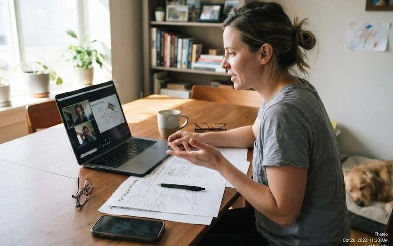 An adult child reviews roofing repair paperwork over a video call with an older parent sitting at their kitchen table